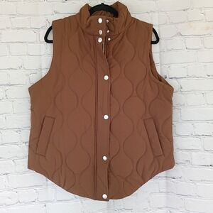 Cognac Brown Quilted Puffer Vest Mock Neck Snap Zip Front Size Medium